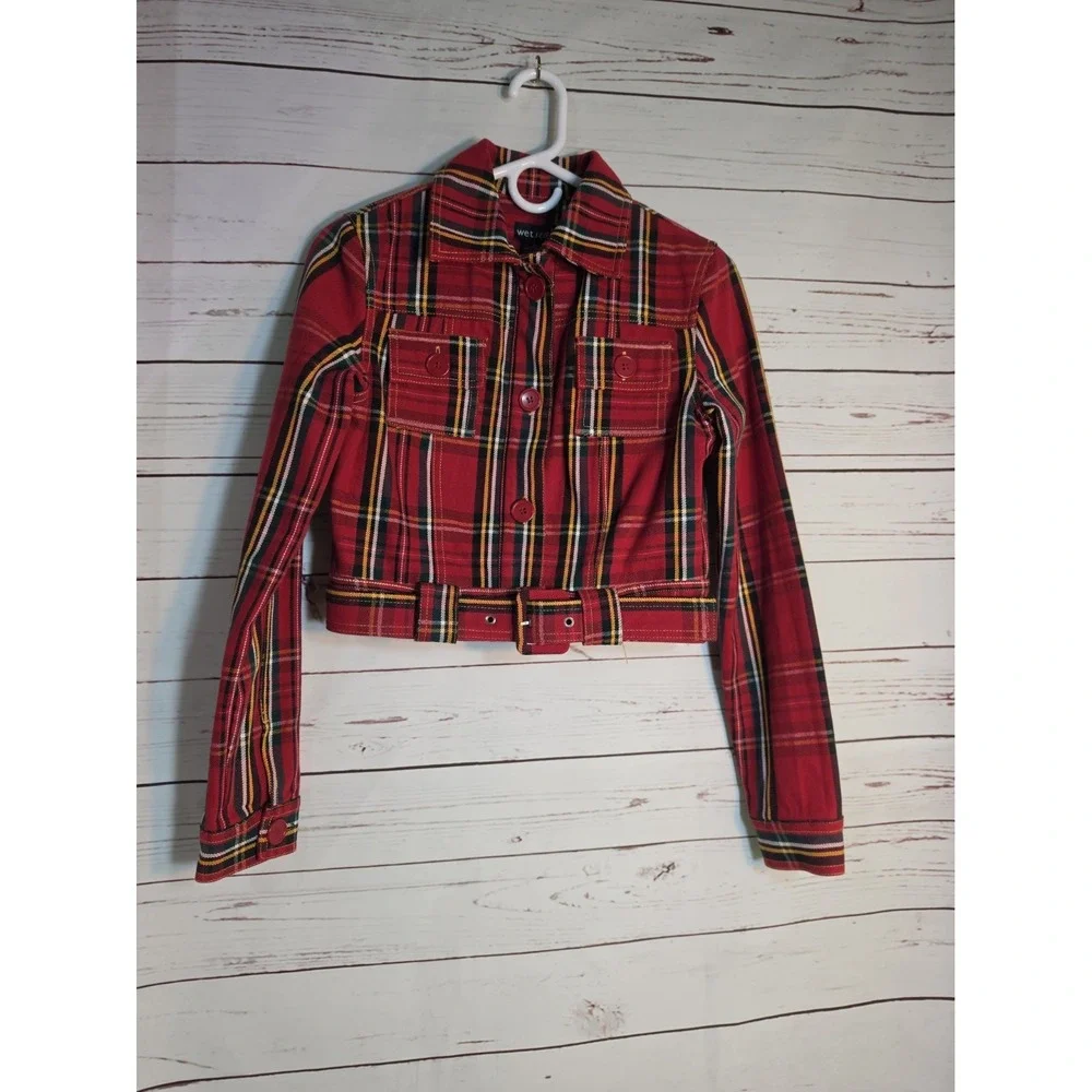 Wet Seal Red Plaid Cropped Belted Jacket  Cotton Tartan Button Up  Sz Junior S
